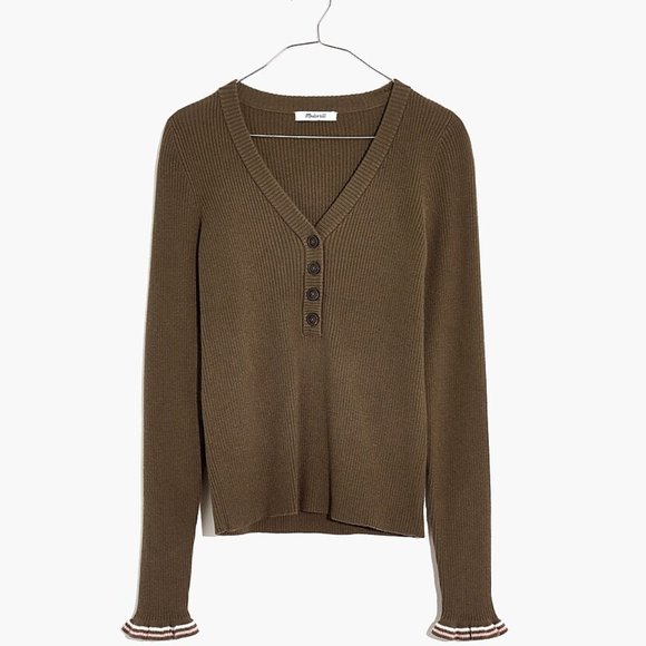 Madewell Olive Green Ribbed Henley Sweater Long Sleeve Button Front Knit Top - Picture 5 of 7